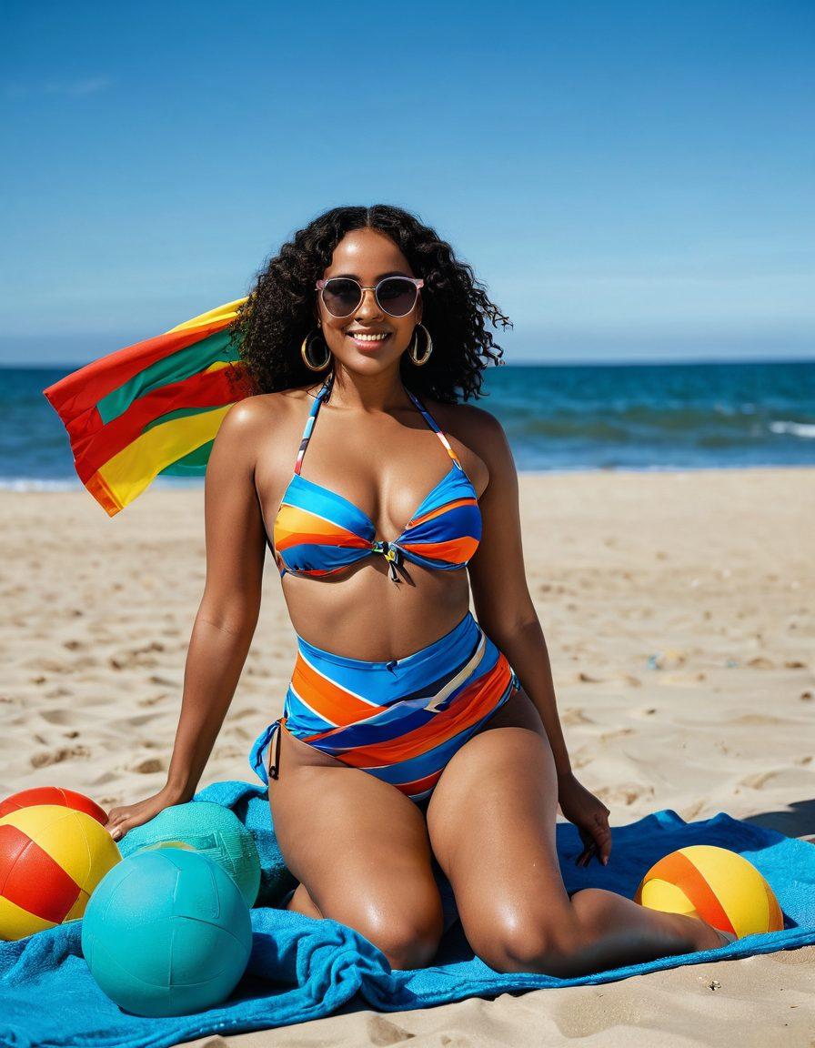 A confident model showcasing diverse body types in stylish swimwear on a sunlit beach, with a mix of playful and elegant poses. Surrounding her are vibrant beach accessories like colorful towels, sunglasses, and beach balls, conveying a sense of fun and body positivity. The background features gentle waves and a clear blue sky to evoke a summer vibe. capture the essence of confidence and allure. vibrant colors. super-realistic.