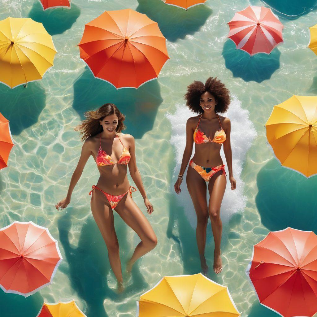 A vibrant beach scene showcasing diverse models wearing trendy and flirty swimwear. Include lively beach umbrellas, playful waves, and sunbathers in the background. Capture a mix of styles, colors, and accessories that highlight the allure of sexy swimwear. Sunlight glistens off the water, adding a cheerful touch. bright colors. super-realistic. dynamic composition.